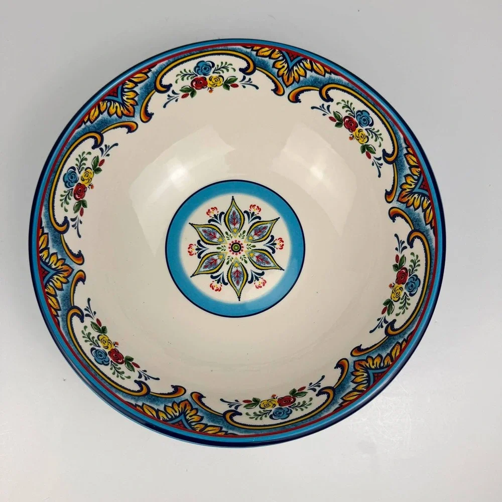 Euro Ceramica Zanzibar 5 Piece Pasta Bowl Set Blue Floral Spanish Design Ceramic